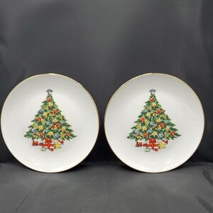 Jamestown China Christmas Tree Salad or Dessert Plate with Gold Trim 7.75" Set 2